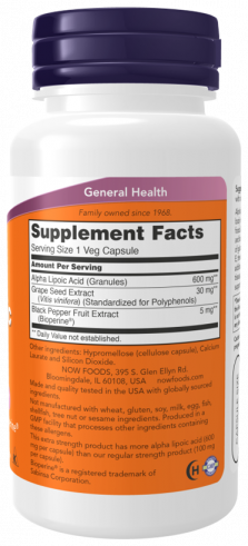 NOW Альфа-липоевая кислота 600 мг, 60 капсул