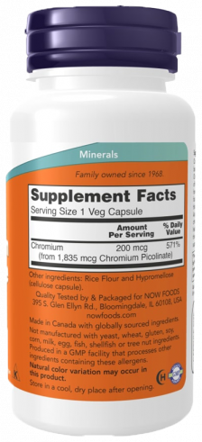 NOW Chromium Picolinate 200 mcg, Хрома Пиколинат 200 мкг, 100 капсул